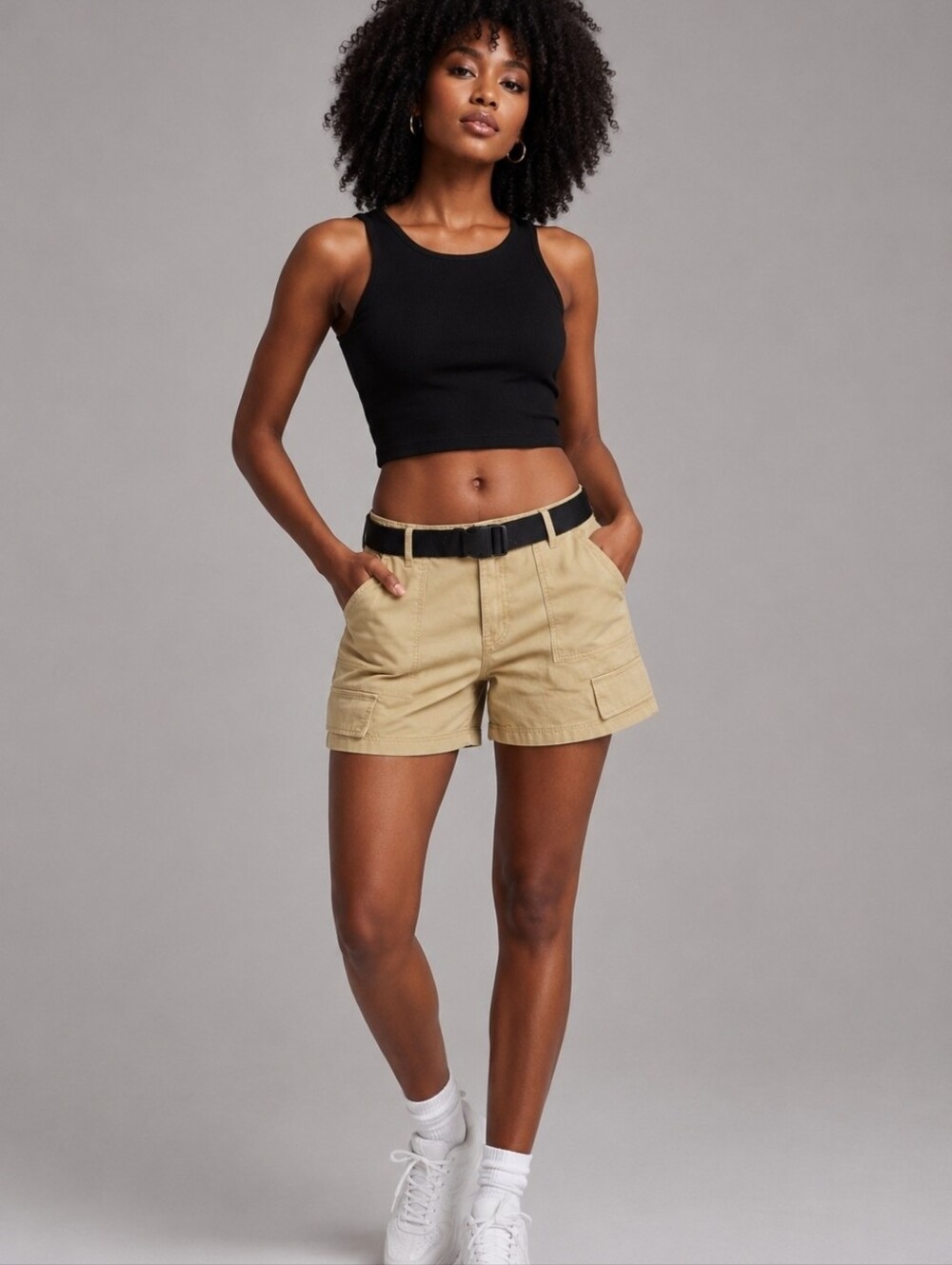 Bershka Cargo Shorts Women’s Size US 6 Beige Utility Belted Cotton Y2K Casual